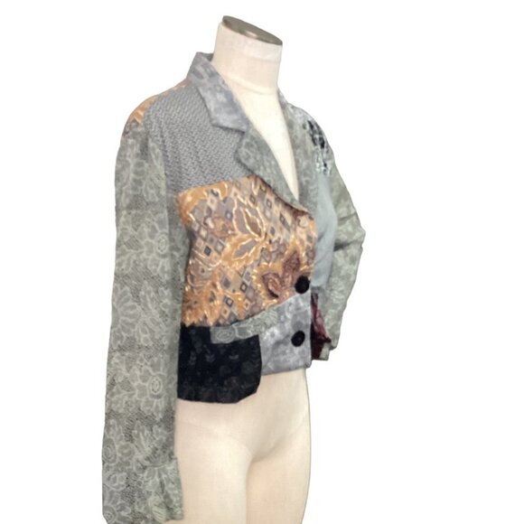 VTG Surya M BOHO Patchwork Cropped Jacket Mixed Media Beaded Embroidered 184B - Picture 5 of 10